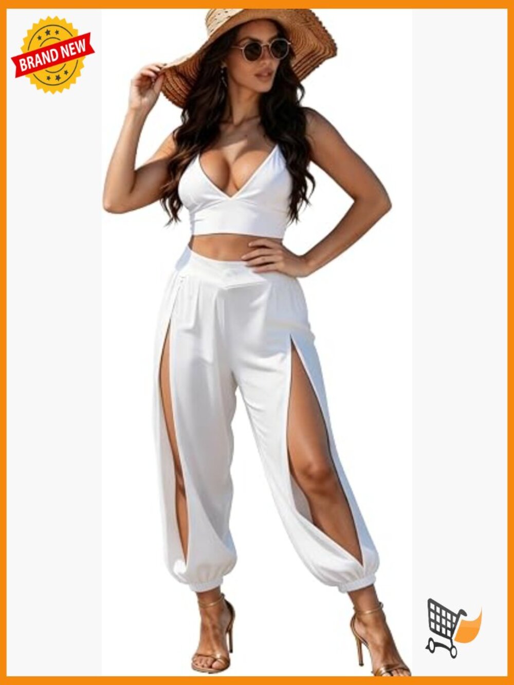Strap Crop Top High Waist Side Slit Harem Pants Set Slight Stretch Yoga Beach